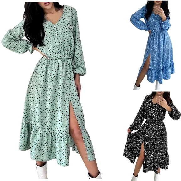 ClodeEU Womens Printed Slit V-Neck Long Sleeve Dress,Boho Floral Tunic Long Dresses Black,Womens Plus XL