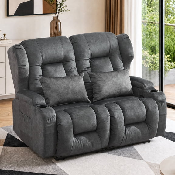 IPKIG 54.3" Loveseat Recliner Sofa, Manual Recliner with Cup Holders, RV Home Theater Seating, Leather-Like Fabric Gray