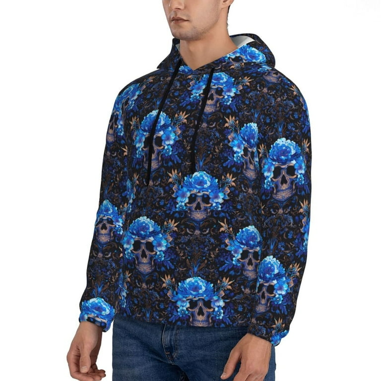 KLL cool blue flower Skull Print Mens Hoodie Long Sleeve Casual
