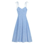 ZAFUL Women Leisure Tiny Floral Lace-up Strap Dress Blue S