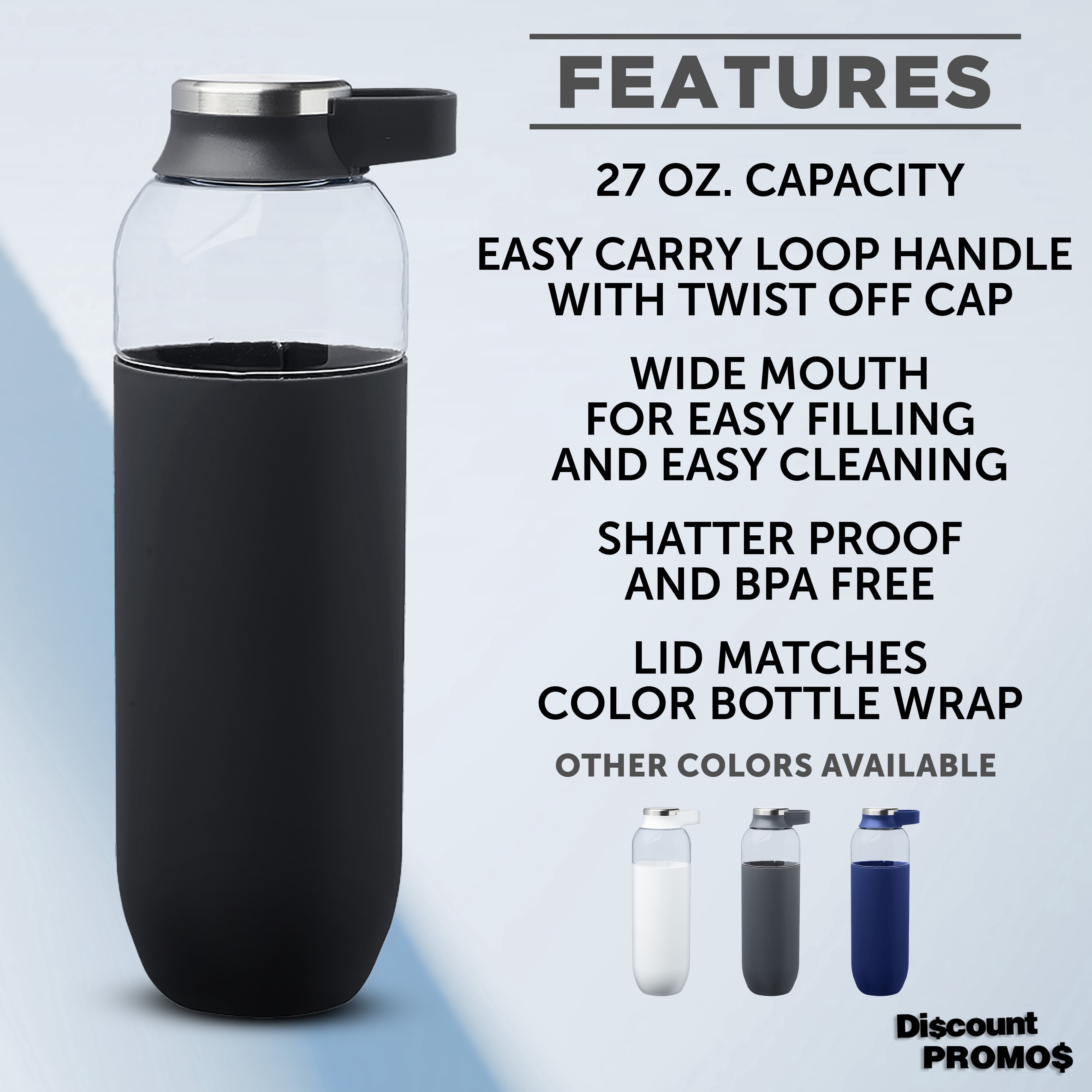 Strike Plastic Water Bottles with Carrier Handle 27 oz. Set of 10, Bulk Pack - Reusable, Great for Gym, Hiking, Cycling, and For School - Black