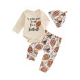 thumbnail image 1 of Argulvti Ensemble d'Automne 3 Pcs pour Bébés Garçons, Barboteuse à Manches Longues à Col Ras du Cou avec Imprimé de Lettres, Pantalon à Imprimé de Rugby, Ensembles avec Chapeau, 1 of 9