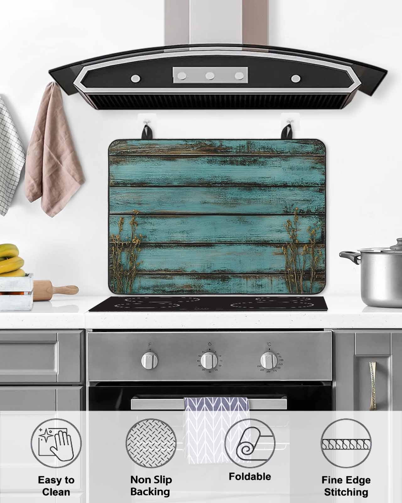 nqOlkjepod Large Induction Cooktop Protector Mat 36"x21", Teal Wood Print Stove Top Covers for Electric Stove, Abstract Vintage Plank Plant Decorative Stove Burner Cover Mats, Glass Top Stove Cover