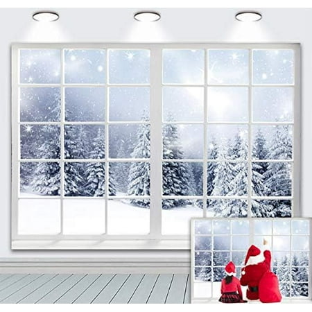 Image of 8x6ft Winter Landscape Window Photography Backdrop Christmas Snow Trees Scenery Background Baby Shower Kids Birthday Party Decorations Portrait Cake Table Banner Photo Studio Props