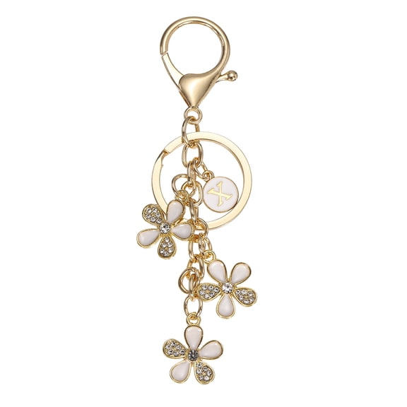 Uxcell Initial Letter Flower Keychain, Cute Alphabet X Cherry Blossom Rhinestone Keyring for Women Girls Purse Backpack Handbag Charm Bling Sparkly Keychain, White