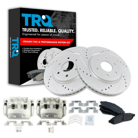 TRQ Front Performance Brake Pad & Rotor Kit Brake Caliper Brake Pads Brake Rotors Set Ceramic Vented Premium G-Coated Fits Select 2005-2019 Nissan Frontier 2005-2012 Pathfinder 2005-2015 Xterra