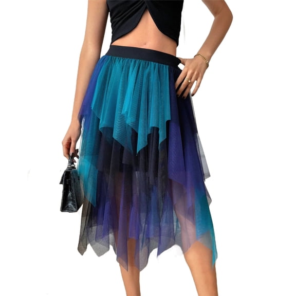 fheaev Tulle Skirts for Women Mid-Length High-Waisted Layered Asymmetrical A-Line Party Club Midi Skirt