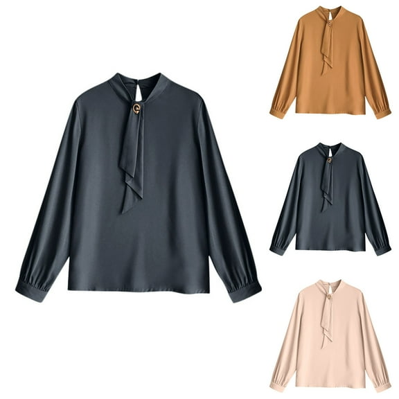 FRSASU Women's Casual Round Neck Basic Top Solid Pleated Long Sleeve Curved Keyhole Back Chiffon Blouse Yellow XL(XL)