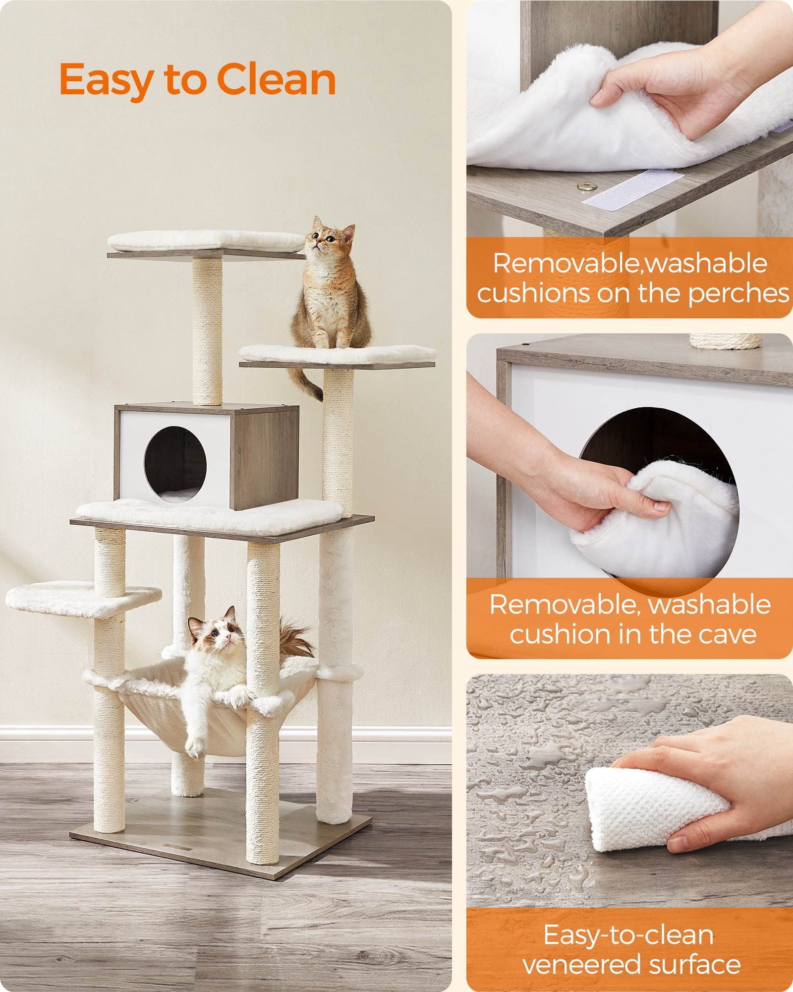 Cat Tree, 54.3-Inch Cat Tower with Scratching Posts, Hammock, Cat Cave, Padded Perches, Wooden Cat Condo, Heather Greige
