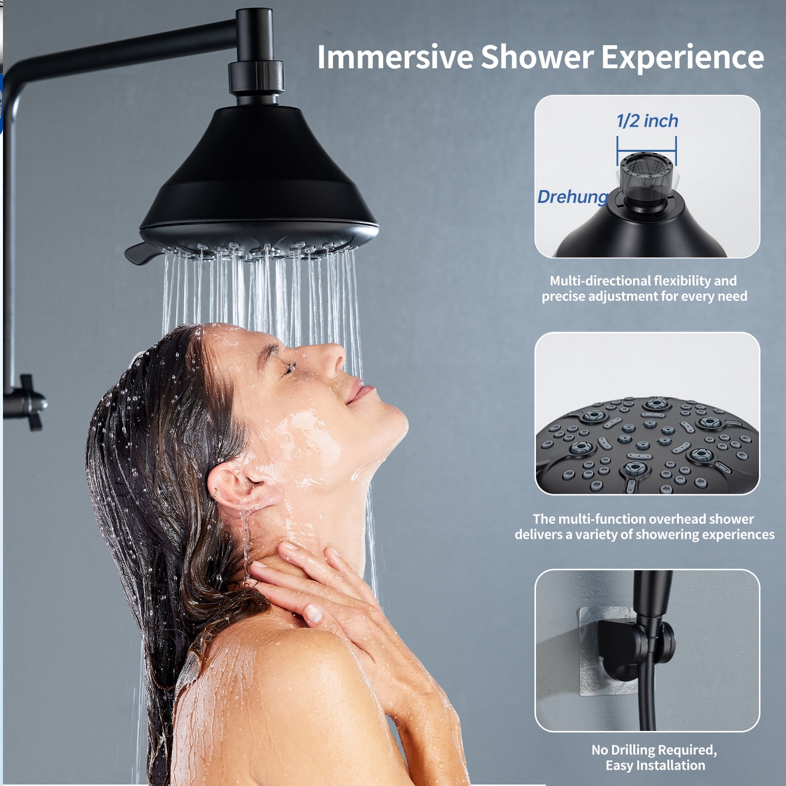 Joyrain Multi-angle adjustable showerhead& Handheld High-pressure 8 Spray Modes Shower Head, Rain Shower Combination with 90° Adjustable Extension Arm