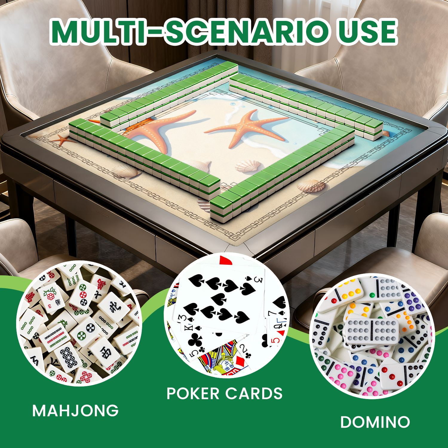 Mahjong Mat 31.5" x 31.5" Orange Starfish Seashells Sandy Beach Gentle Waves Non-Slip Noise Reduction American Mahjong Tiles Table Cover for Dominoes Poker Card Board Games Gift
