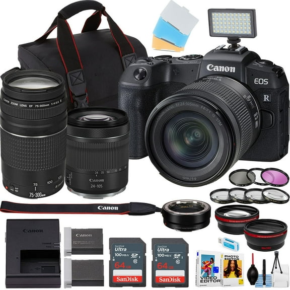 Canon EOS RP Mirrorless Camera w/24-105mm and 75-300mm Lens   2pc 64GB Sandisk Ultra Memory Card   Camera Case   More (18pc Bundle)