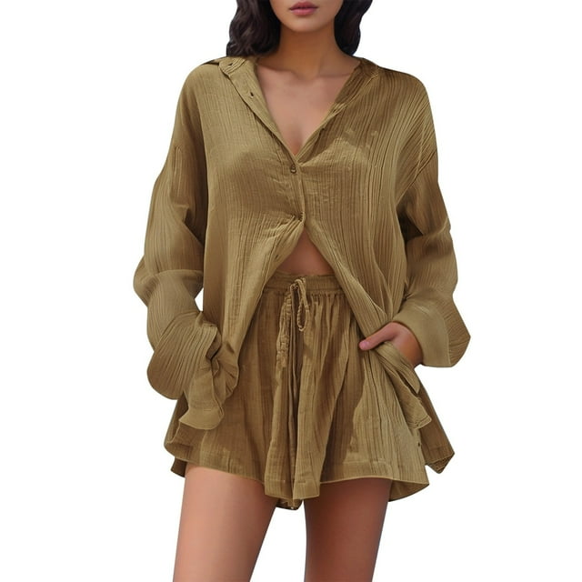 Conjunto de camisa de manga larga lisa y pantalones cortos para mujer: ropa informal de playa, cintura elástica, tallas S-XXL, contorno de pecho 130-146 cm