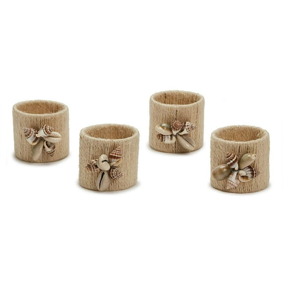 Two's Company Seashell Set Of 4 Napkin Rings - Jute/Shells.