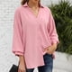 thumbnail image 2 of Camisa de mujer con cuello en V, mangas abullonadas, botones y largo tres cuartos, color rosa XL, 2 of 6