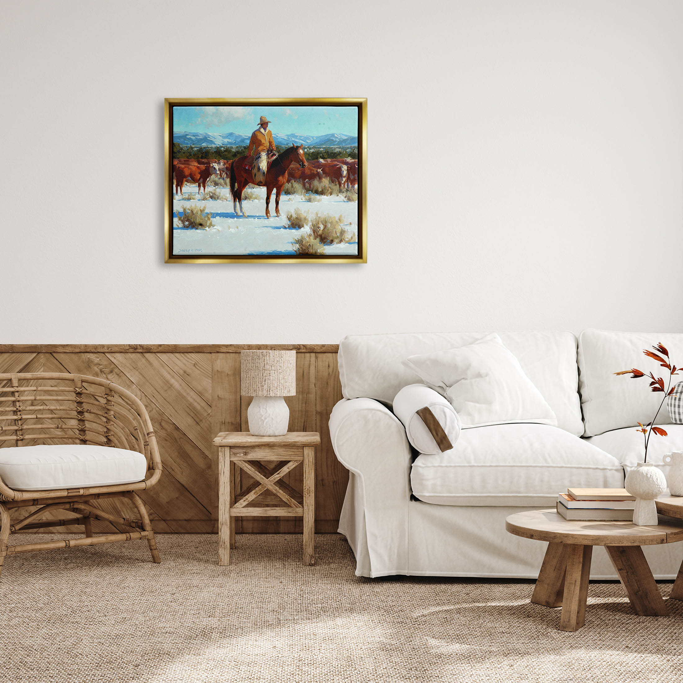 Winter Cowboy Cattle Landscape Animals & Insects Painting Metallic Gold Framed Art Print Wall Art