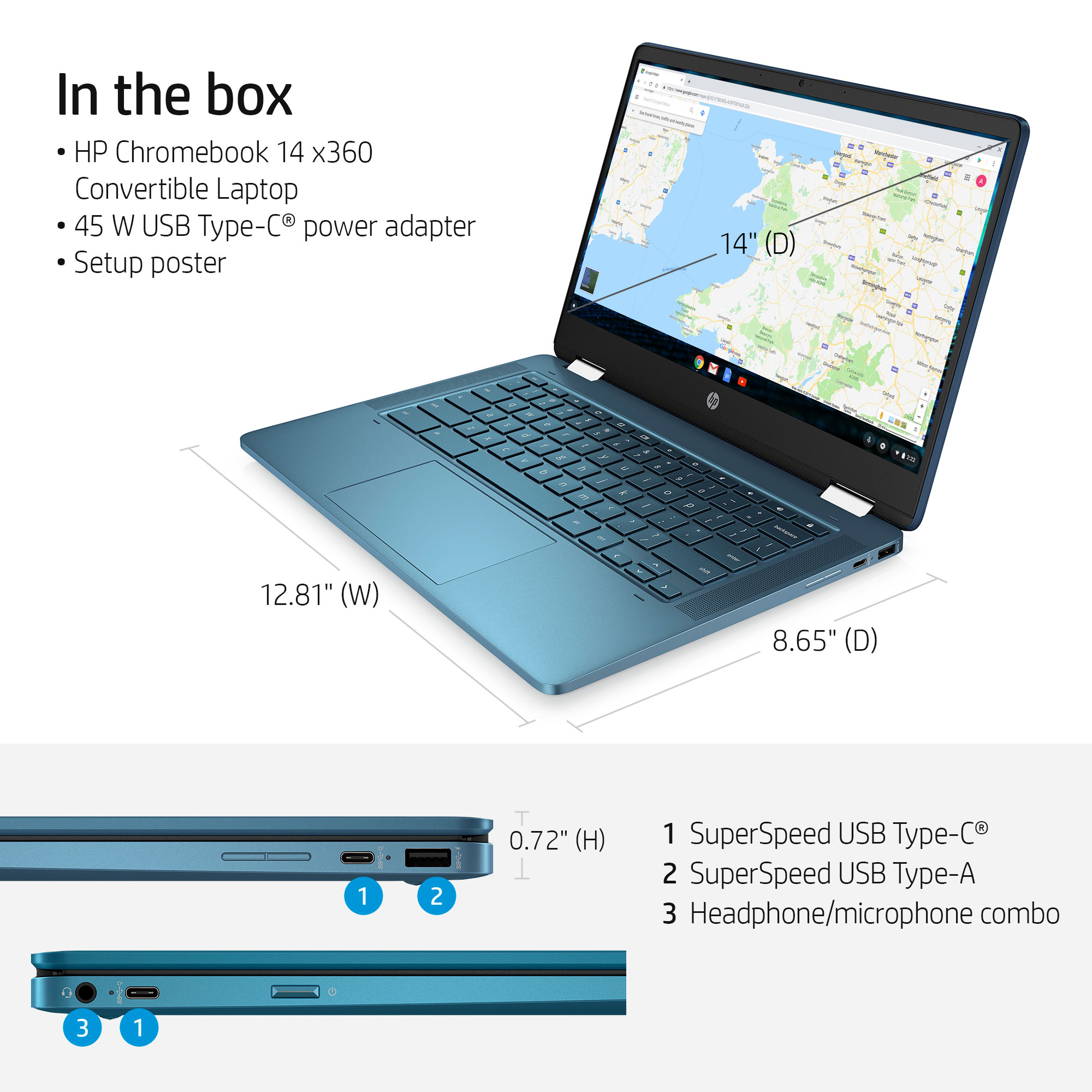 HP Chromebook X360 14" HD Touchscreen 2-in-1 Laptop, Intel Celeron N4020, 4GB RAM, 64GB eMMC, Teal, 14a-ca0130wm - image 2 of 10