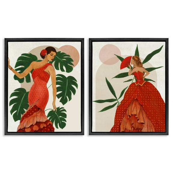 Stupell Industries Tropical Fashionistas in Red People Painting Black Floater Framed Canvas Art Print Wall Art, 17 x 21, Set of 2