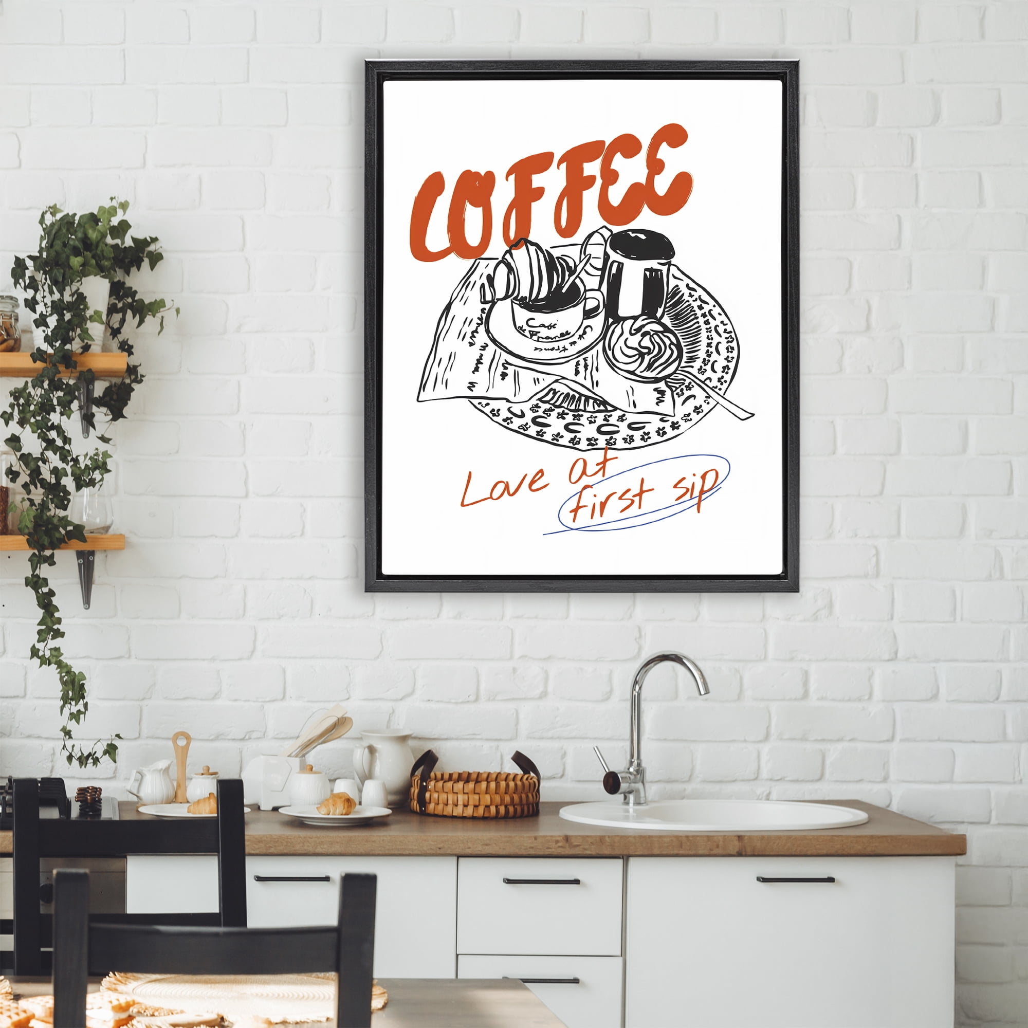 Stupell Industries Coffee Love At First Sip Black Framed Floater Canvas Wall Art, design by The Prints Vibe