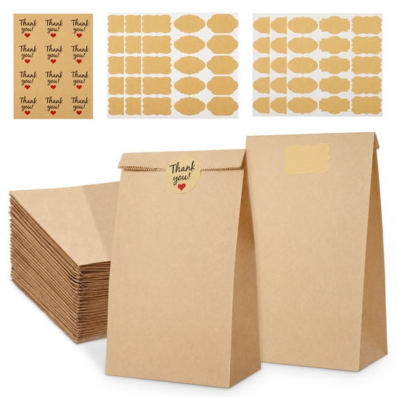Armscye 100 Pack 3lb Kraft Paper Lunch Bags, 9.45×5.12×3.15 Inches Brown Paper Bags with 102 Sealing Stickers, Oilproof Small Paper Bags for Sandwich, Snack, Food and Gift Packaging