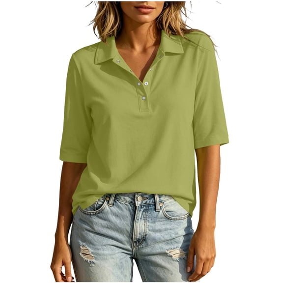 MOJOGO Women's Solid Color Shirsts Lightweight Cotton Linen Blend Half Sleeve Top with Quarter Snap Button Casual Work Summer Top S