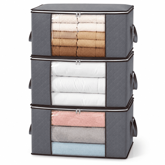 PLERISE 3 Pack 90L Clothes Storage Bins with Lids, Foldable Blanket Storage Bags with Zippers Clear Window Reinforced Handles, 1 Set