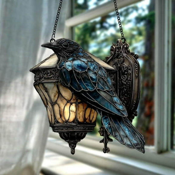 Clearance Hangs under $5,Exquisite Black Crow Decorative– Faux Stained Glass Halloween Crow Crow Decor For Halloween Dark Academia Home & Wall Hanging Ornament
