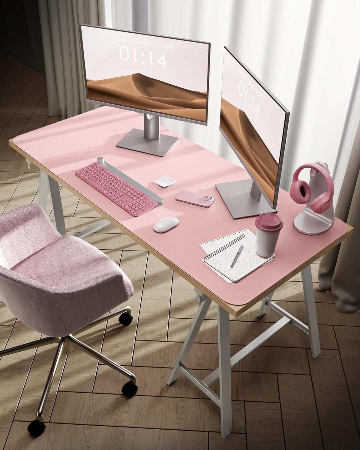 Leather Desk Pad Protector, Office Desk Mat, Large Mouse Pad, Non-Slip PU Leather Desk Blotter, Laptop Desk Pad, Waterproof Desk Writing Pad for Office and Home (Light Pink, 47.2" x 23.6")