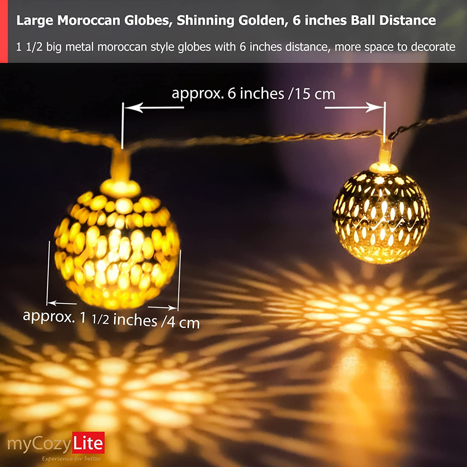 Moroccan String Lights Gold Plug in 20 LED Globe String Lights for Wedding Party, Home Decor, Classroom, Birthday, Christmas, Indoor Outdoor, Metal Orbs, 8 Functions, Timer, Connectable, 10 ft