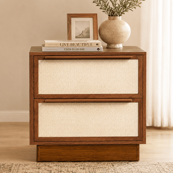 EcoNovi Caramel Walnut Nightstand, 2 Drawer Rattan-Look Bedside Table, Compact Storage Cabinet for Bedroom