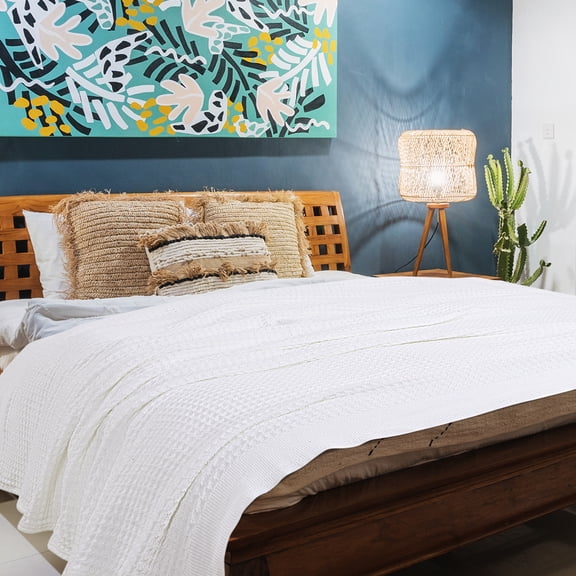 PiccoCasa 100% Cotton Waffle Weave Blanket for Couch/Bed Lightweight Blanket for All Season White 90" x 90"