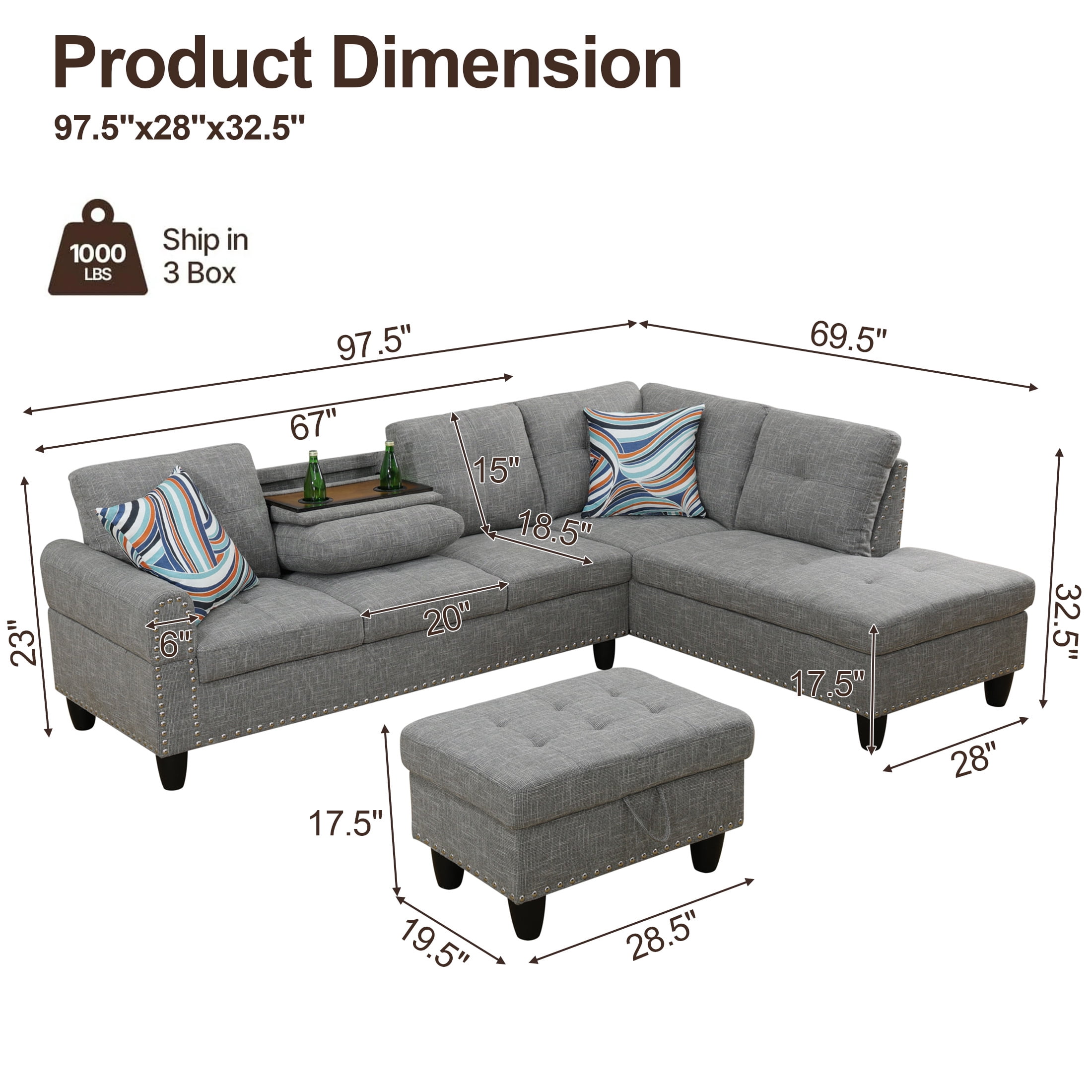 AENKYO 98" L-Shaped Sectional Sofa with Reversible Chaise, Storage Ottoman & Cup Holders, Linen, Gray