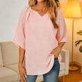 thumbnail image 2 of Bixock Women's Half Sleeve Blouse,Soild Color Casual Blouse,Small V-Neck Linen Top Neck Ruched Soft Breathable Summer Loose T-shirts, 2 of 5