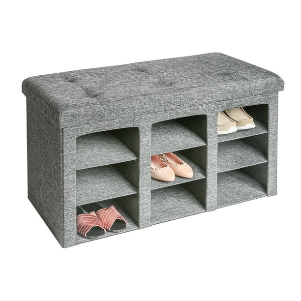 Seville Classics 9-Bin Foldable Tufted Shoe Storage Bench, Charcoal