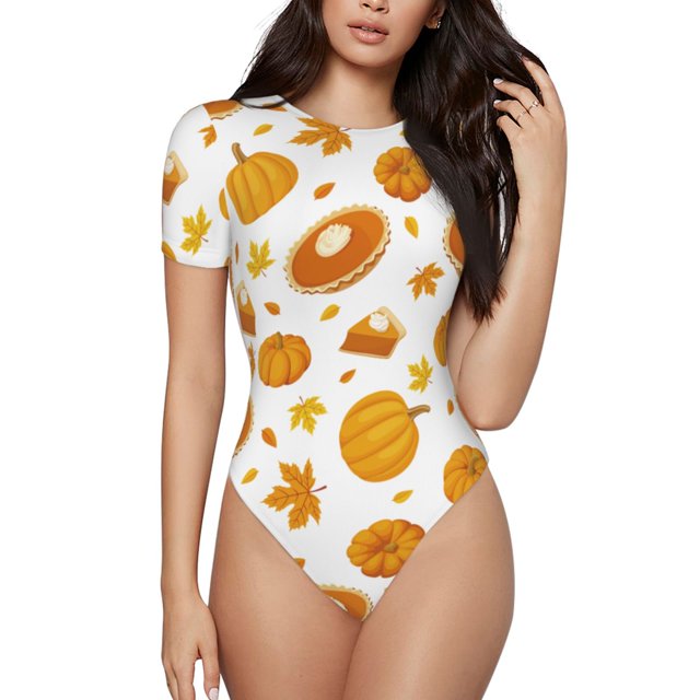 Bingfone Justaucorps à Col Rond Motif Feuilles d'Érable Citrouille pour Femmes, Manches Courtes à Boutons-Pression, Adapté pour Fête, Sports, Usage Quotidien - Grand