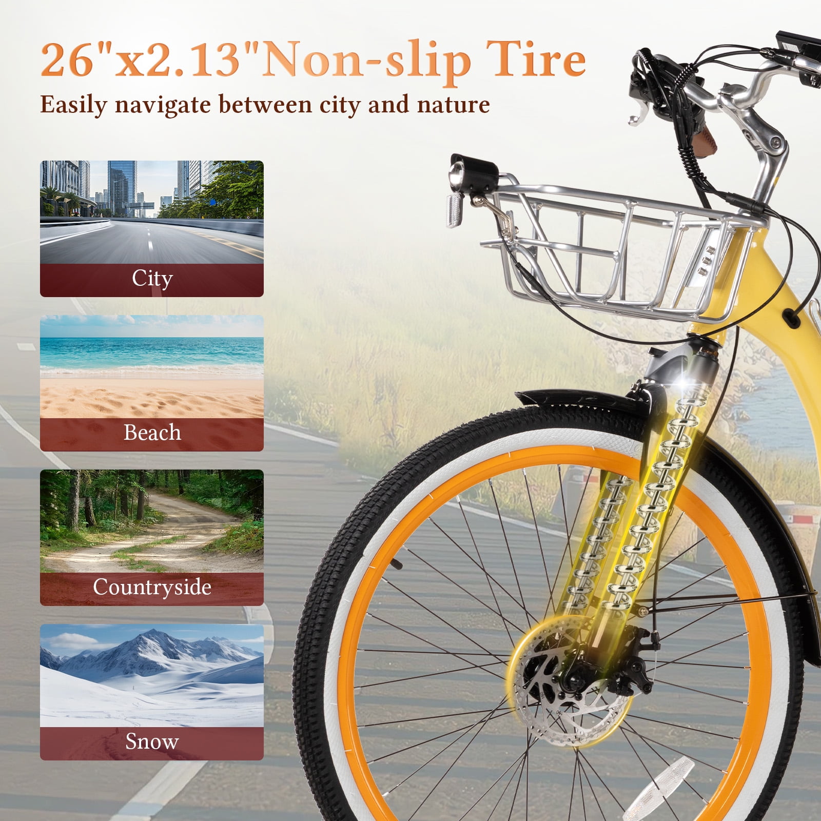 26 Inch Cruiser Electric Bike, E-Bike for Adults with 48V 15.6AH Removable Battery, Step Through Ebike for Women Men UL2849- Yellow