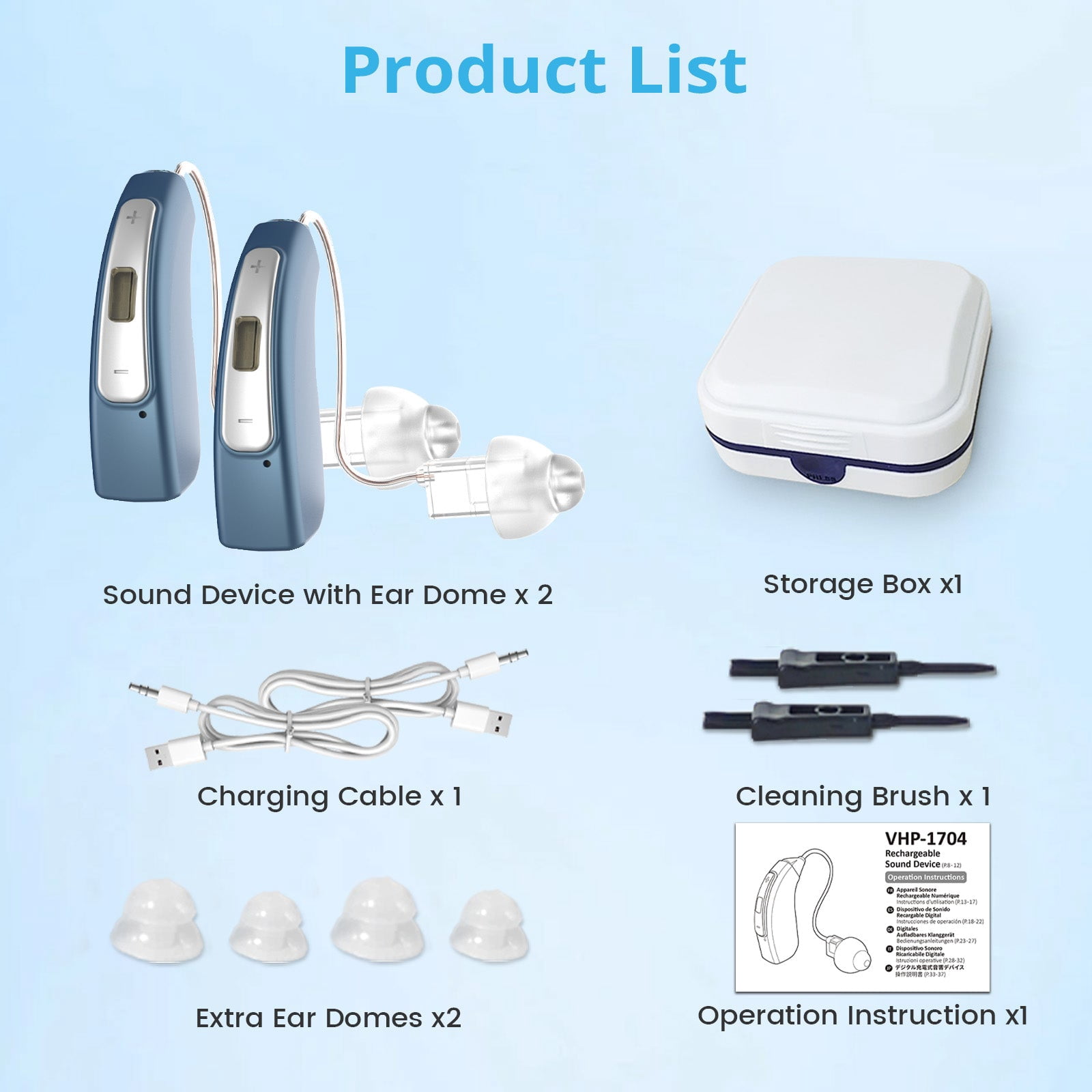 ELCTRTICI Hearing Aids for Seniors with Noise Reduction, Rechargeable BTE Hearing Aids for Hearing Loss with Volume Control, VHP-1704 Blue, Pair