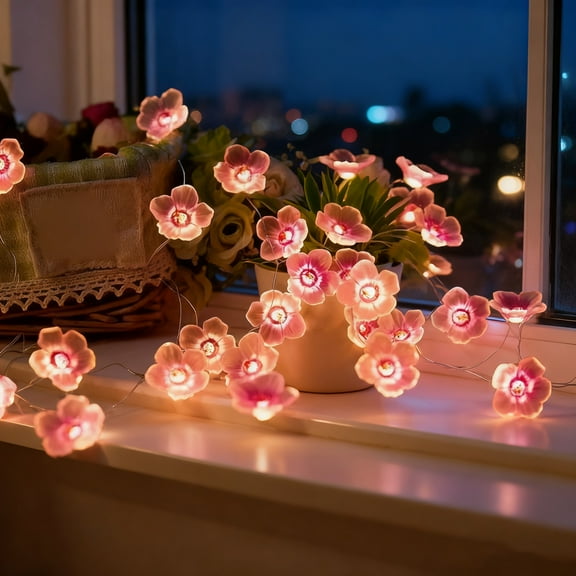 Pink Sakura Flower String Lights - 7ft 20 LED Battery Powered Decorative Lights for Party, Garden, Patio, Home