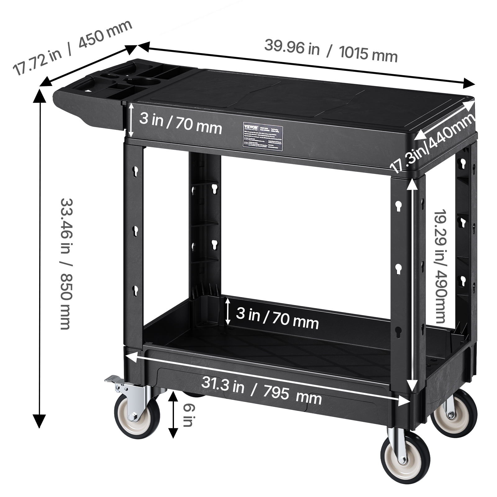 VEVOR Utility Cart, 550 lbs Load Capacity, 31.3 x 17.7-inch Service Cart, Two-Shelf Heavy Duty Plastic Utility Cart with 360° Swivel Wheels (2 with Brakes), Suitable for Warehouse, Garage, Cleaning