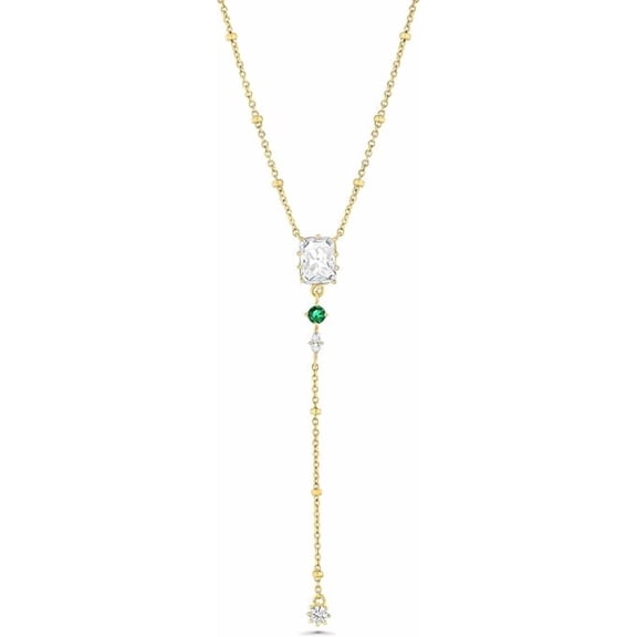 18K Gold Plated Long Drop Pendant Necklace with Green CZ Stone Beaded Chain for Women