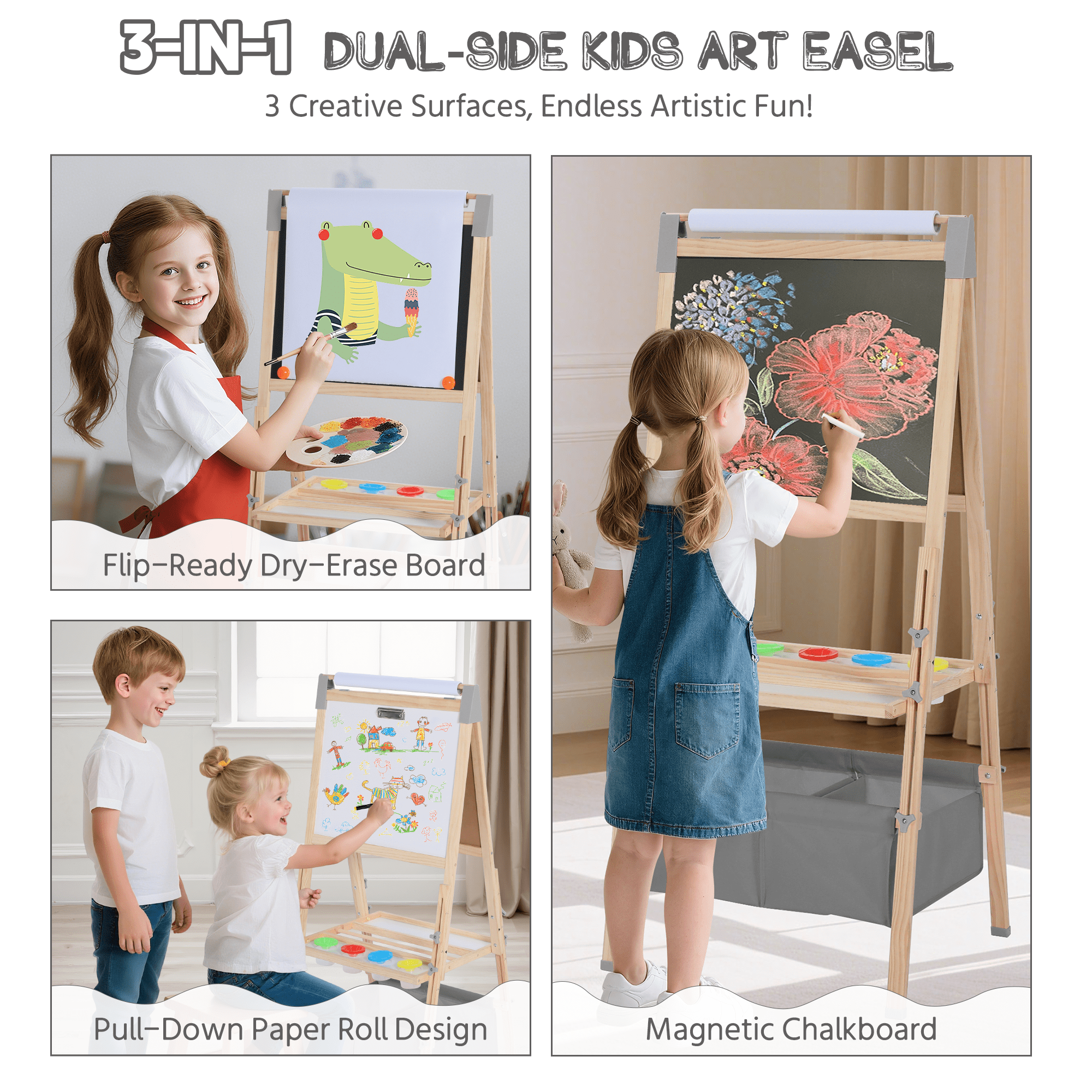 AILEEKISS Kids Art Easel Double-Sided Art Easel with Whiteboard and Chalkboard for Painting, Grey