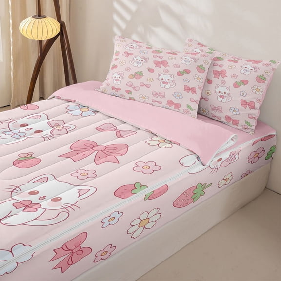 Homewish Bowknot Cat Strawberry Zipper Twin Comforter Sets with Fitted Sheet and 2 Pillowcases for Girls, Cute Groovy Flower Zipper Bedding Set, Pink Reversible, 4pcs