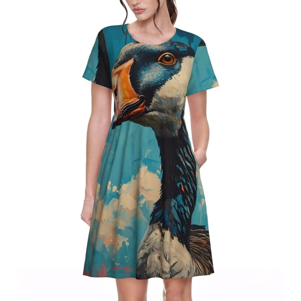 Disketp Blue Watercolor Duck para Vestido de Manga Corta para Mujeres, Vestidos de Verano para Mujeres, Casual y Holgado para la Playa
