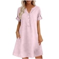 thumbnail image 2 of Guieoi Womens Dresses Plus Size Cotton-Linen Blend 3/4 Sleeve V-Neck Short-Sleeve Button-Down Dress with Pockets Pink XL, 2 of 6
