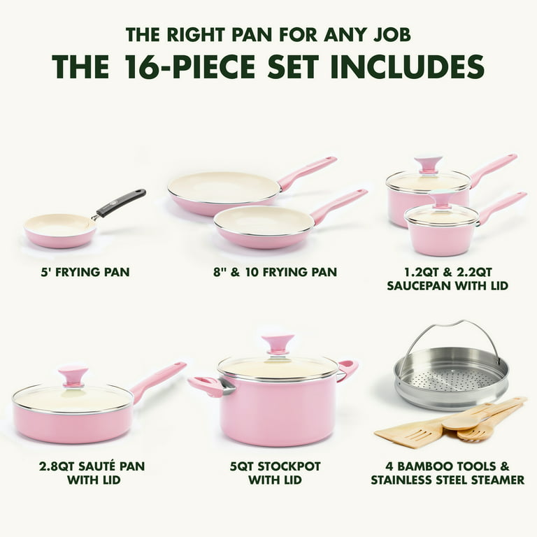 GreenPan Rio Healthy Ceramic Nonstick 16 Piece Cookware Pots and Pans Set  in Pink CC005936-001 - The Home Depot