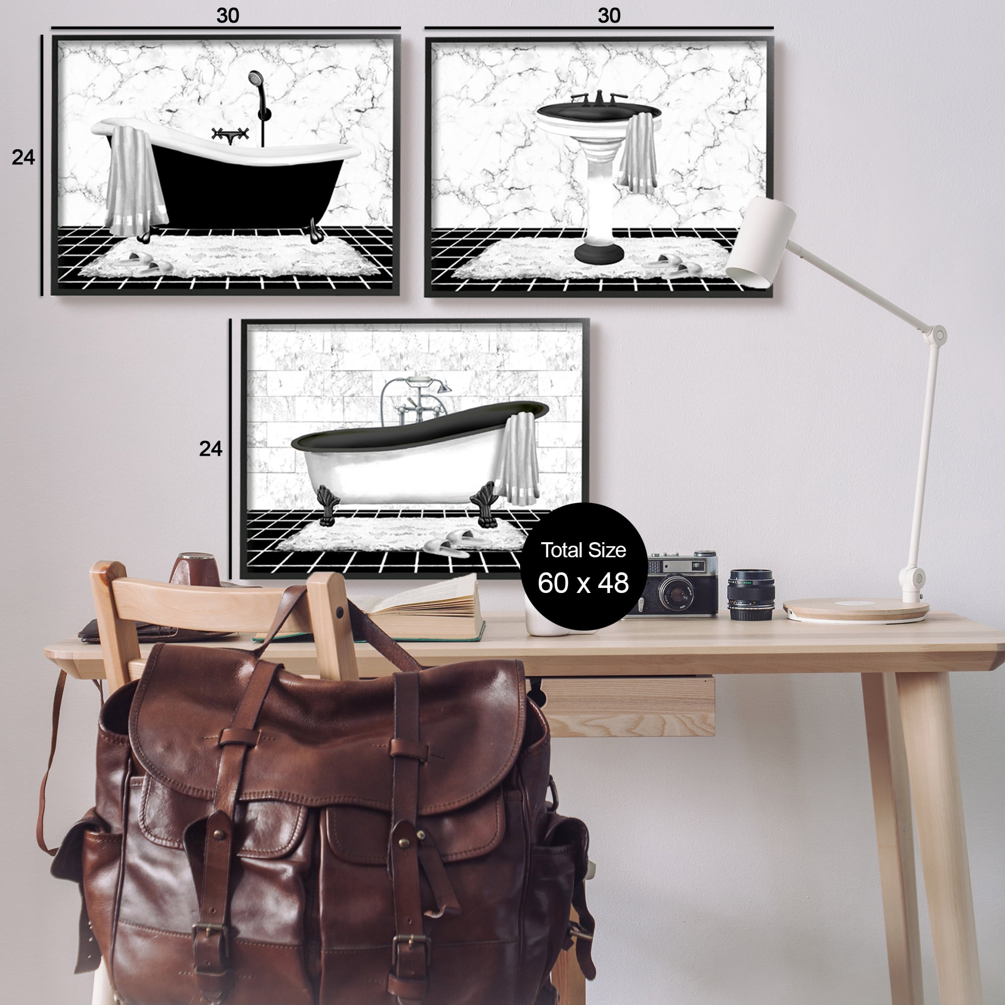 Stupell Industries Modern Marble Bathroom Typography Painting Black Framed Art Print Wall Art, 30 x 24, Set of 3