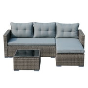Patio Conversation Set, PE Wicker Rattan Outdoor Furniture Set, Small Sectional Sofa Lounge and Love Seat, Gray