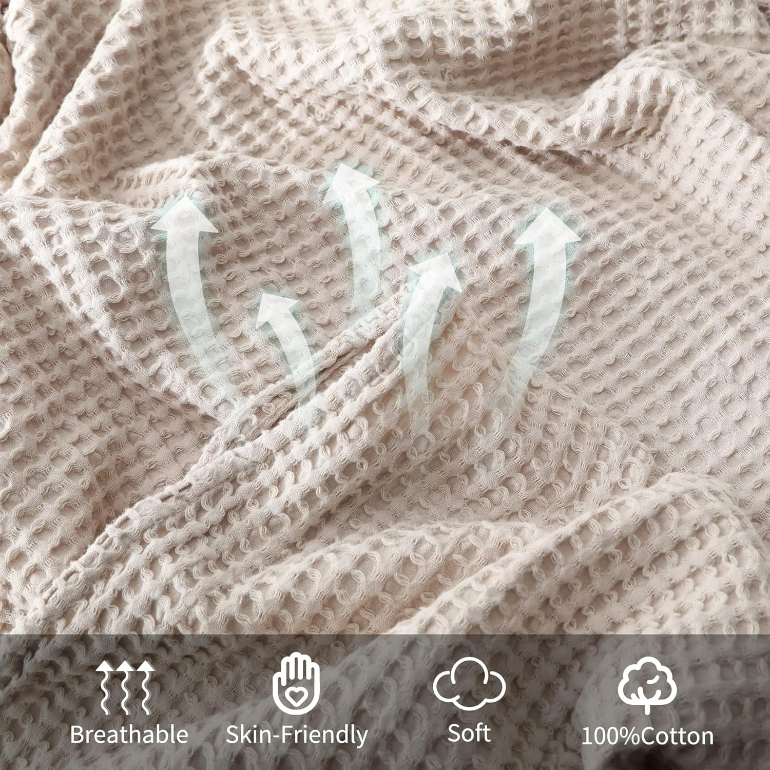 Shunjie.Home 100% Cotton Waffle Bed Blanket Queen Size, Throw Blanket for Couch All Seasons (Beige, 90x90)