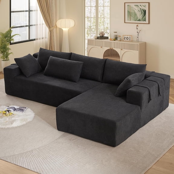 AENKYO 108" Chenille L-Shaped Sectional Sofa Set with 6 Pillows, Free-Combination Modular Couch for Living Room, Black, Right-Facing Chaise