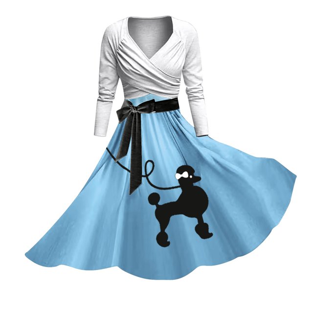 Robes pour Femmes 1950 Caniche Manches Courtes Col en V Mode Longues Longueurs Robe Femmes Bleu Ciel m